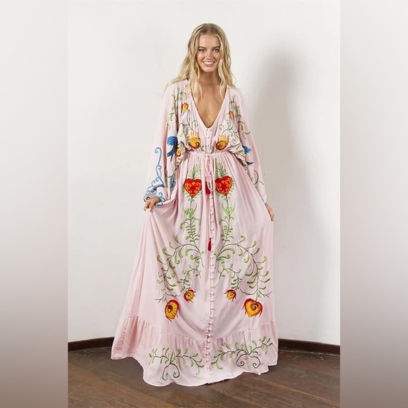 Boho Embroidered Pink Maxi Dress with Bell Sleeves - Picture 2 of 13